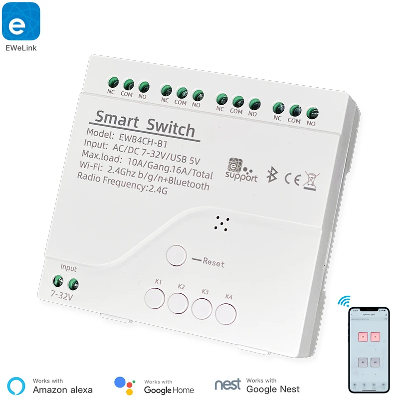 Фото EWeLink 4 канала Смарт WiFi Bluetooth беспроводной сухой контакт релейный модуль