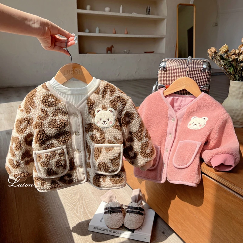 

Girls Down Jacket Cartoon Bear Winter Coats 2022 Fashion Leopard Print Polyester Sherpa Outerwear 3-8 Years Children Clothes