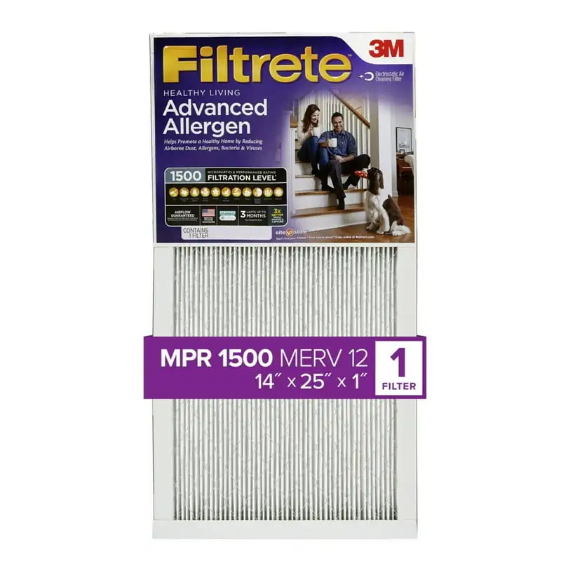 3M, 14x25x1, MERV 12, Advanced Allergen Reduction HVAC Furnace Air Filter, Captures Allergens, Bacteria, Viruses, 1500 MPR, 1 Fi