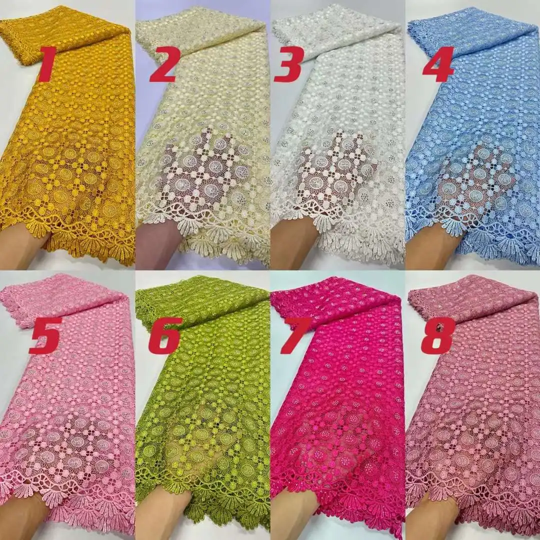 Белая африканская гипюровая кружевная ткань с блестками 2024 Высококачественная