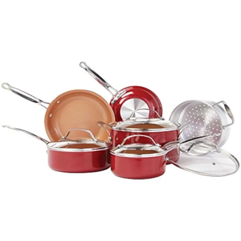 

Red Copper 10 PC Copper-Infused Ceramic Non-Stick Cookware Set