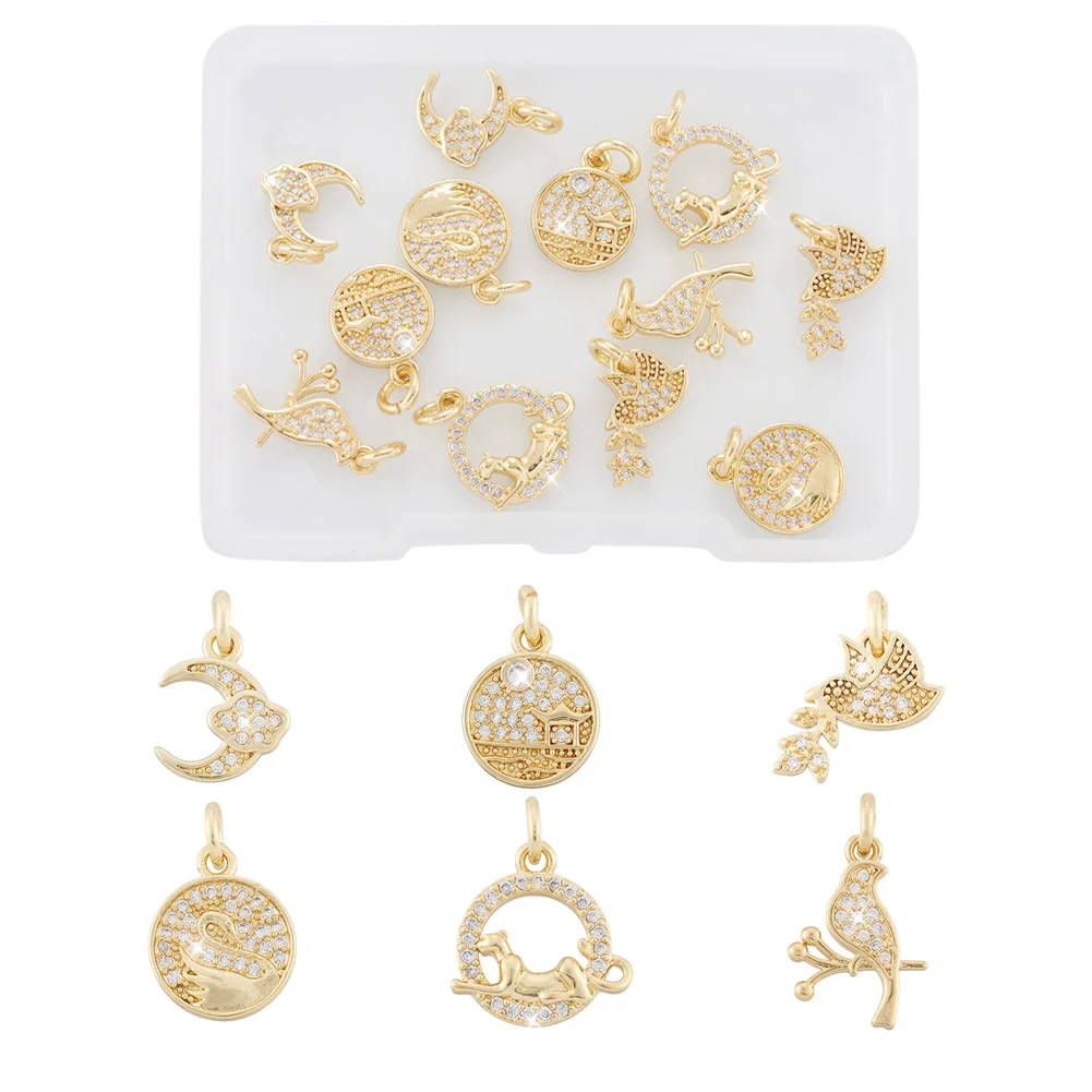 

12pcs Golden Moon with Cloud Brass Micro Pave Clear Cubic Zirconia Charms Flat Round with Swan Pendant for DIY Jewelry Making