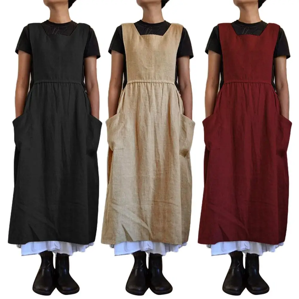 

Women Dress Solid Color Sleeveless Square Neck Pockets Cotton Linen Apron Long Dress