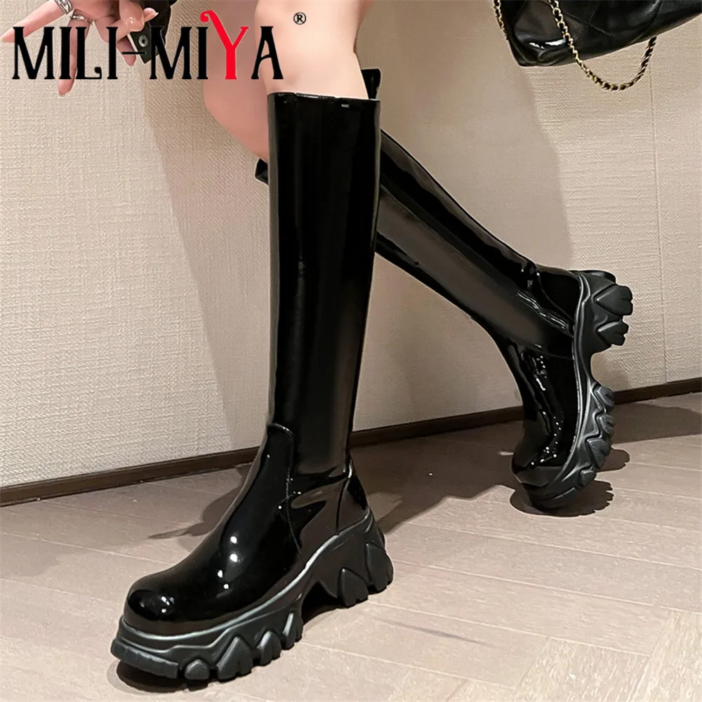 

MILI-MIYA Classic Concise Solid Color Women Cow Leather Knee High Boots Round Toe Thick Heels Zippers Plus Size 34-40 Handmade