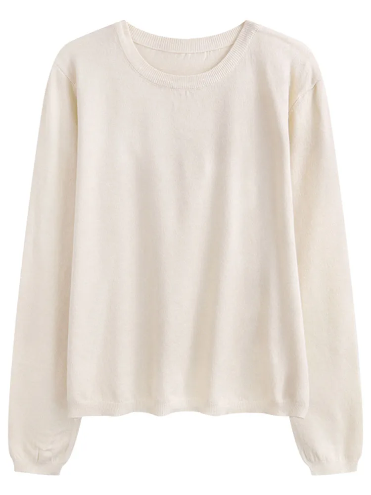

Daily Must-have White T-shirt Round Neck Undercoat New Sweater Soft Loose Long Sleeve Knitwear Women Soft Waxy Short Top
