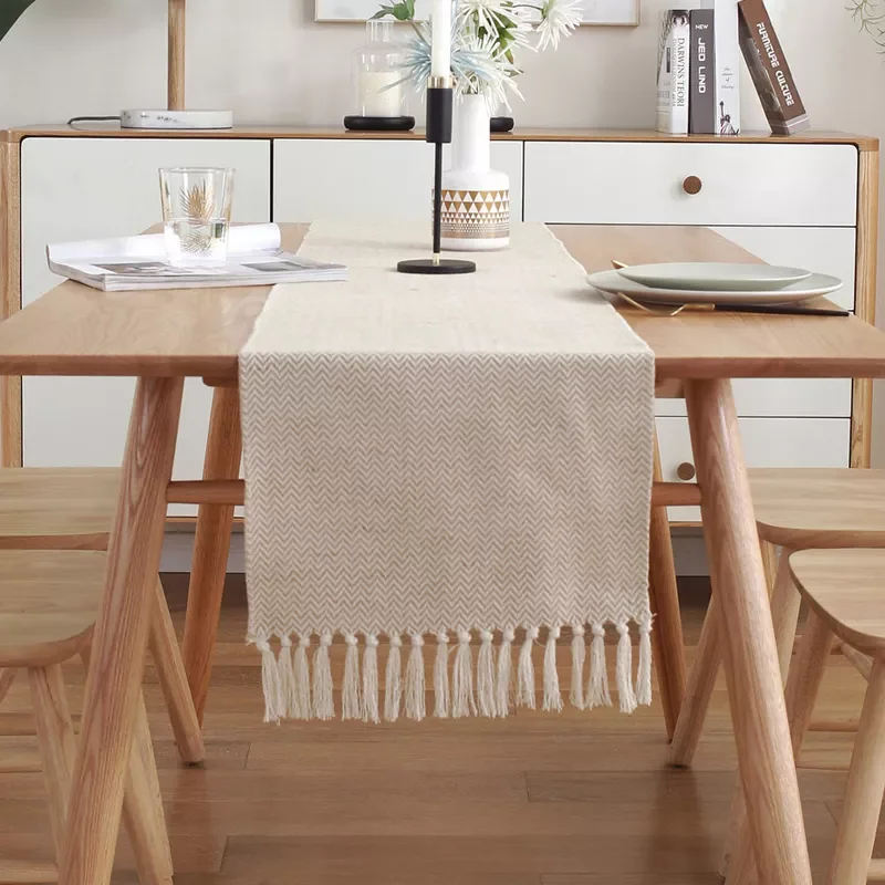 

Modern Table Runner Simple Nordic Style Beige Table Flag Handmade Tassel Cotton Linen Tablecloth Bed Runners Table Decoration