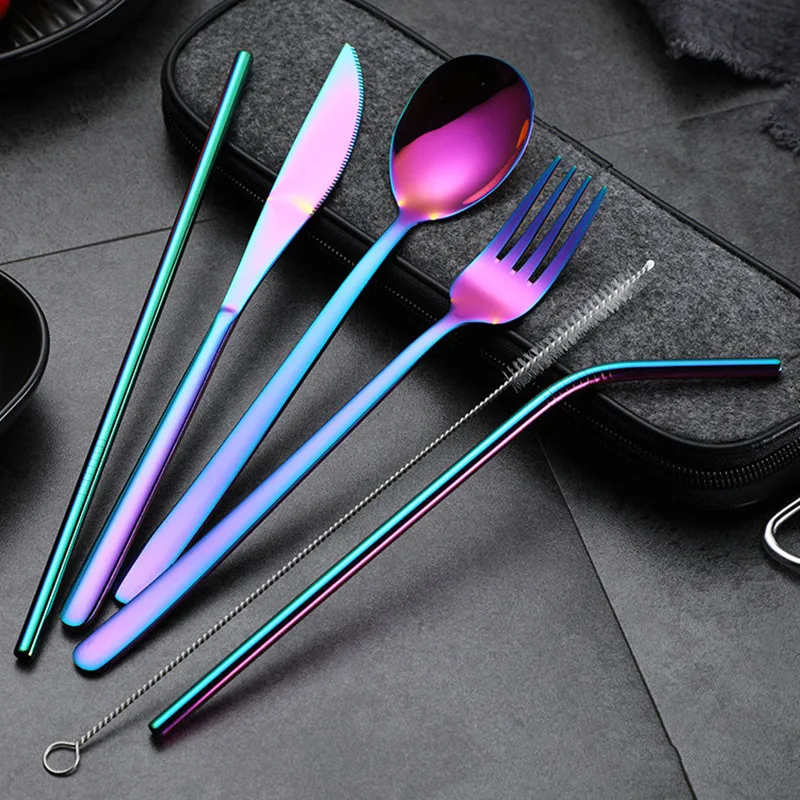 

6PCS Western Dinnerware Set Stainless Steel Cutlery Set Fork Straw Spoon Knife Portable Cutlery Set Dinner Dinnerware Set