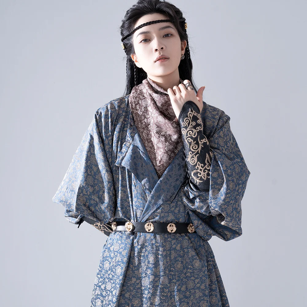 Красивое мужское жаккардовое платье Тан ханьфу с круглым вырезом полурукавом