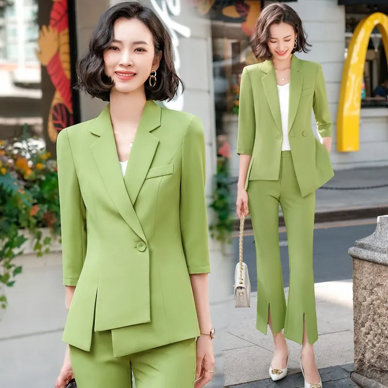 

S-4xl Womens Blazer Suits Summer Female Three Quarter Coat+pants 2pcs Sets Solid Color Slim Mid Waist Ladies Outfits Hy117