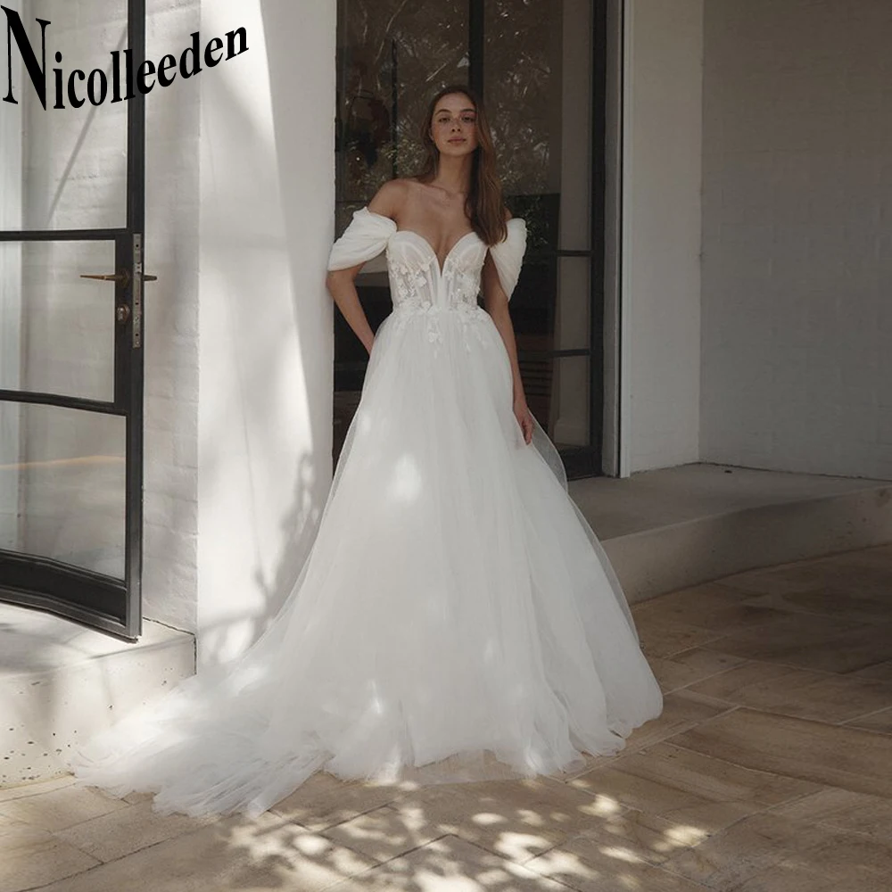 

Nicolle Modern Off The Shoulder Sweetheart Wedding Dresses Court Train Backless Tulle Appliques A-LINE Short Sleeves Customised