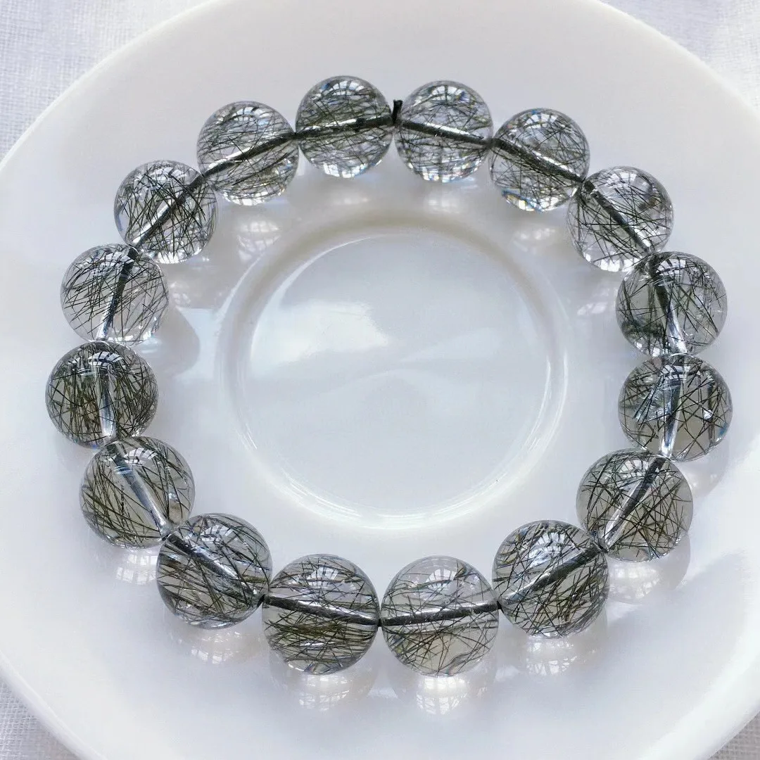 

12mm Natural Black Hair Rutilated Quartz Bracelet Jewelry For Women Lady Men Beauty Gift Lucky Crystal Round Beads Strands AAAAA