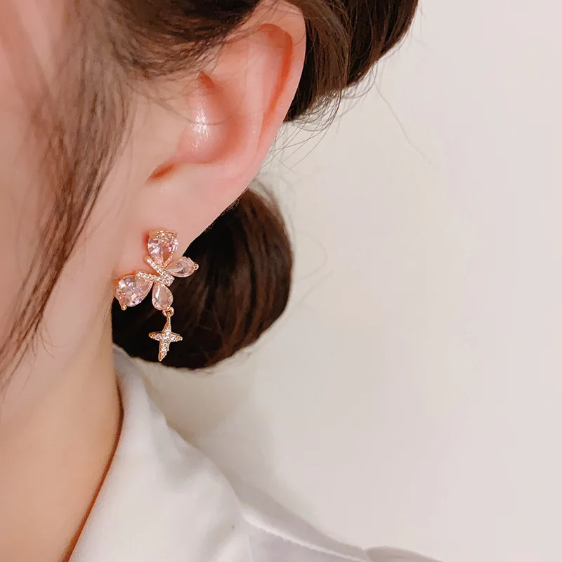 

High Quality Pink Crystal Butterfly Stud Earrings For Women Cute Zircon Copper Designer Cross Earring Party Jewelry 2023 Trendy