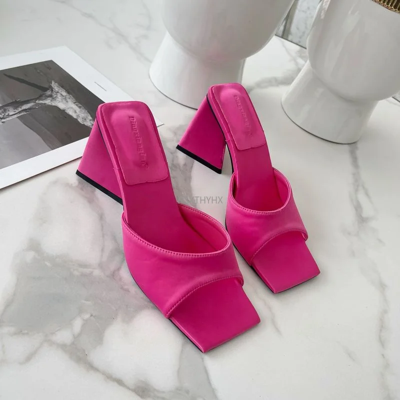 2022 Fashion Elegant Women Slides 8.5cm High Heels Green Orange Block Heels Mules Slippers Lady Square Toe Sandals Pumps Shoes