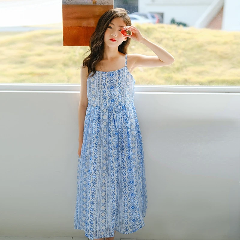 

Girls Dress Summer Chiffon Print Children Sleeveless Tank Dresses 2022 New Kids Clothes 12 13 14 Years Teenager Beach Slip Dress