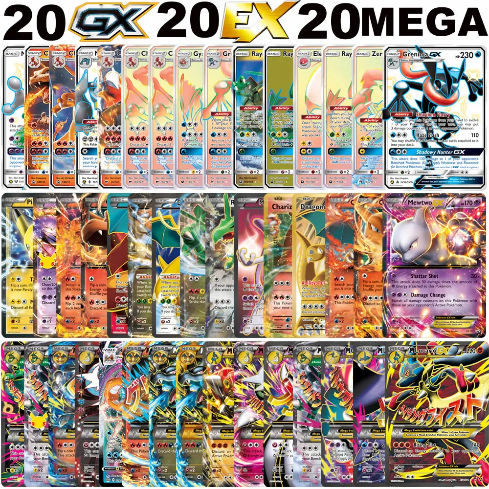 

60pcs English Pokemon Flash Cards Trainer Energy Mega GX Vmax EX Tag Team Box Playing Shining Card Collection Children Toy