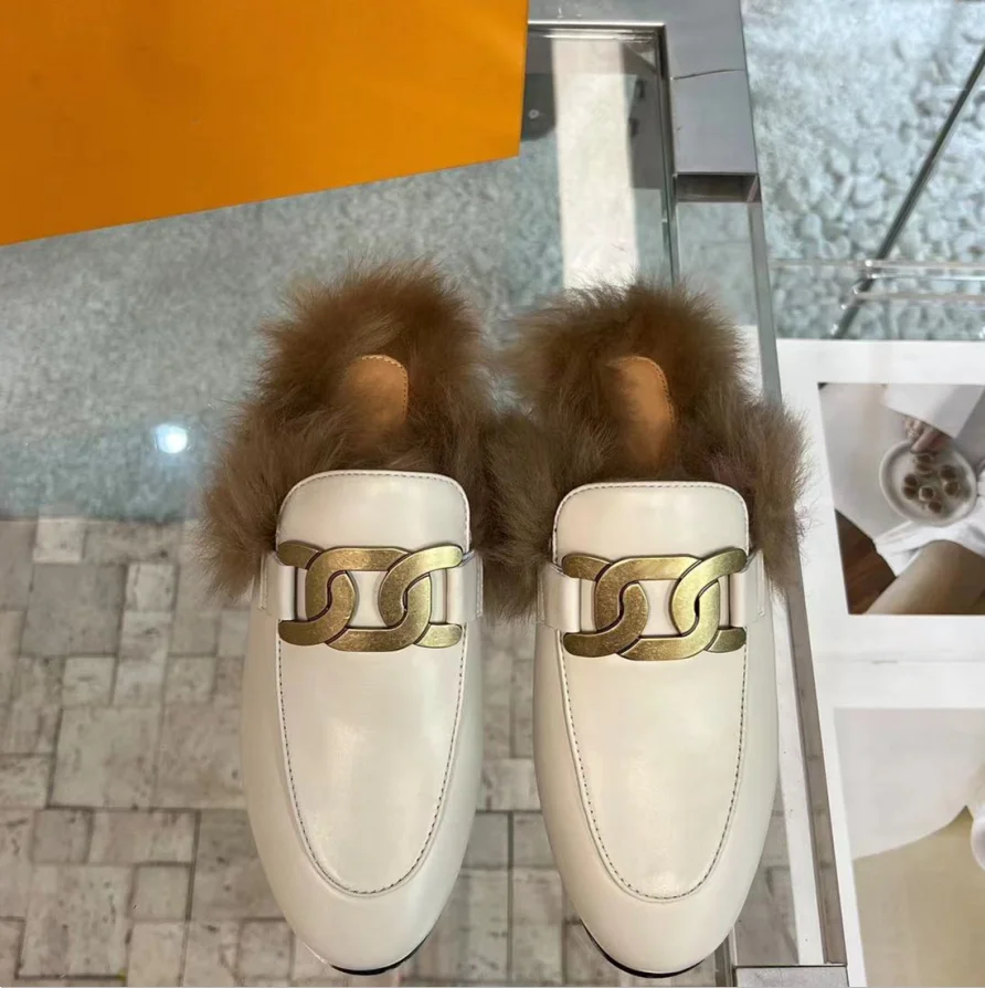 2022 Winter Women's Flat Shoes Plush Slippers Solid Color Metal Decoration With Box High Quality Free Shipping