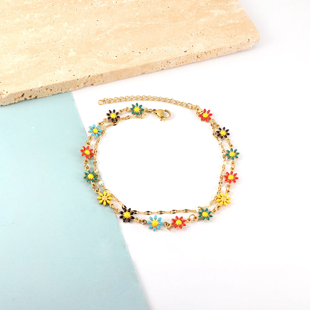 Summer Beach Ankle Bracelets Stainless Steel Double Chain Daisy Flower Charm Ankle foot Chain for Women Girls Jewelry Gifts