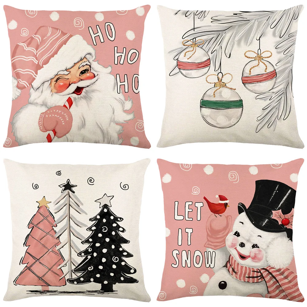

45cm Pink Theme Cartoon Christmas Linen Pillow Cover Santa Claus Snowman Pillow Case Merry Christmas Decor For Home 2024 Noel