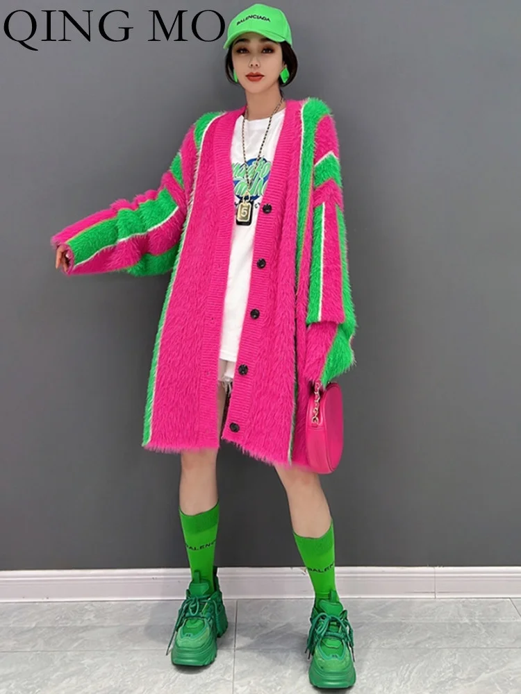 

QING MO 2023 Spring Autumn New Korean Fashion Trend Knitted Mink Fleece Cardigan Sweater Women Streetwear ZXF722