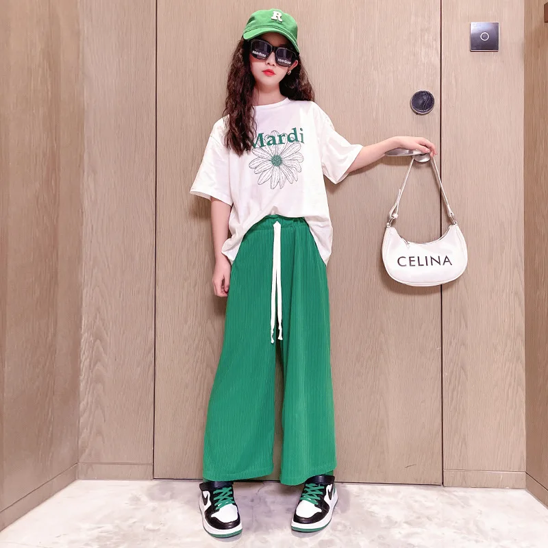 Корейская версия комплект для девочек летняя одежда хлопковая Футболка с