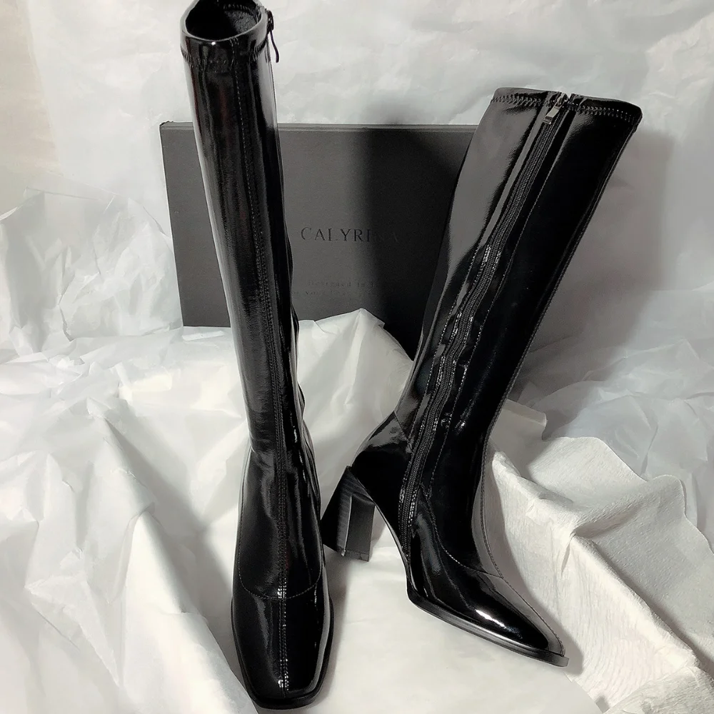 Patent Leather High Heels Long Boots Women 2022 Autumn Square Toe Knee-high Botas Woman Side Zipper Thick Heeled Shoes Female