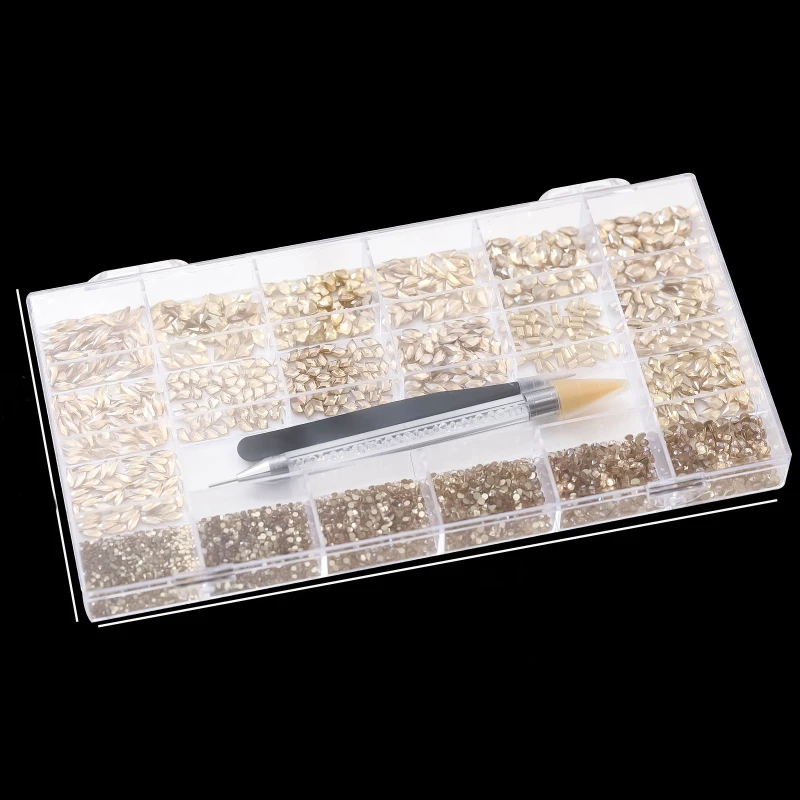 

21 Styles of 5500 Champagne Diamonds 700 Round Flat Rhinestones +4800 Multi-Shape Rhinestone Crystals Mix 3D Decorations