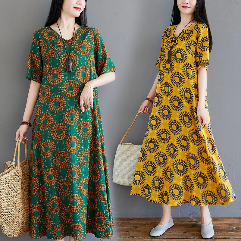 

Loose Cotton and Linen Printed V-neck Short Sleeved Dress for Women