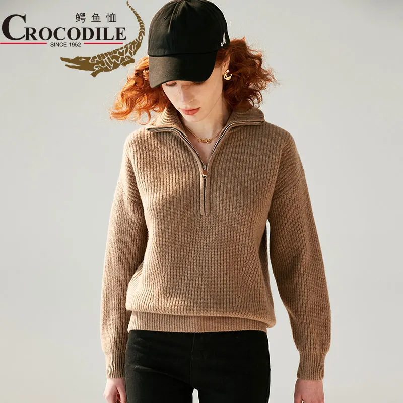 

Crocodile 2022 New Lapel Zippers Cashmere Knitted Sweater Brown Turtleneck Long Sleeve Thick Warm Knitted Sweater Autumn Winter