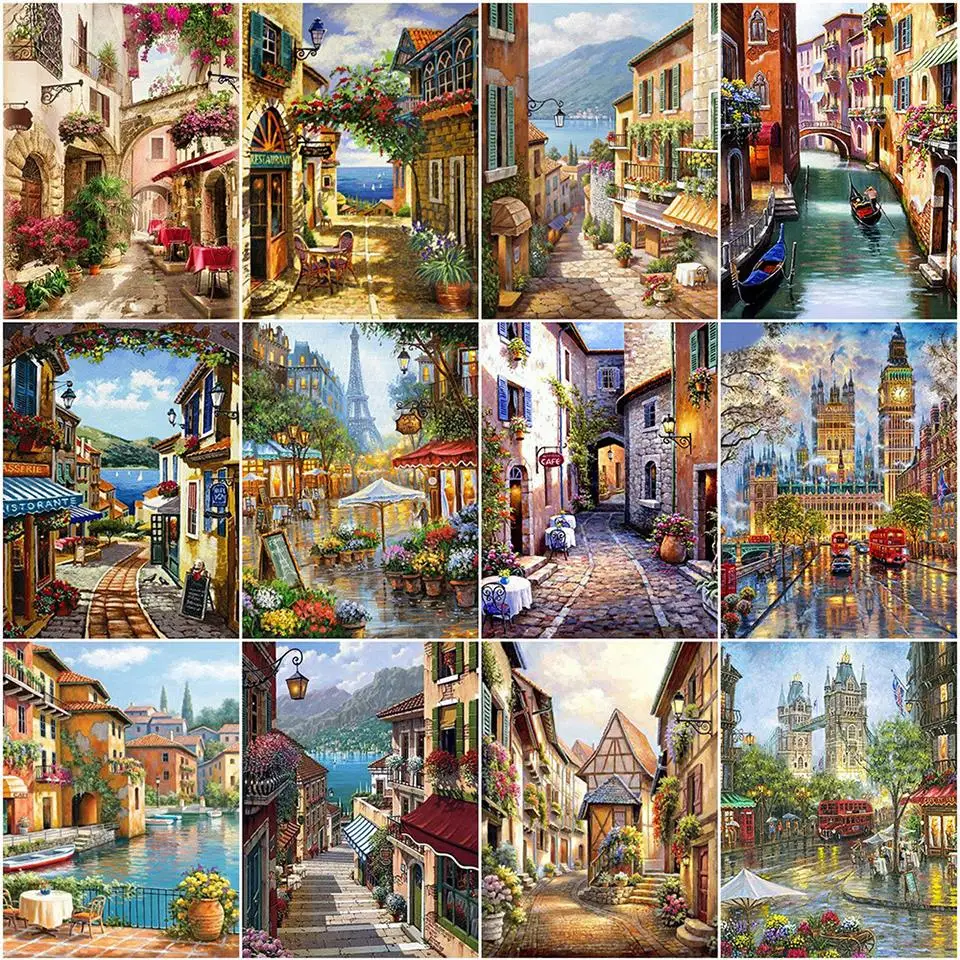 

Landscape Street View Pre-Printed 14CT Cross Stitch DIY Embroidery Kit Painting Craft Hobby Sewing For Adults Stamped Needle