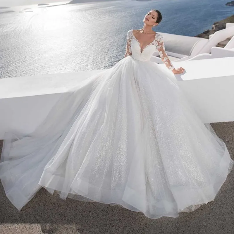 

Glitter Wedding Dress Beach Long Sleeves Appliques Backless Floor Length A Line Custom Made Tulle Bridal Dresses Robe De Mariée