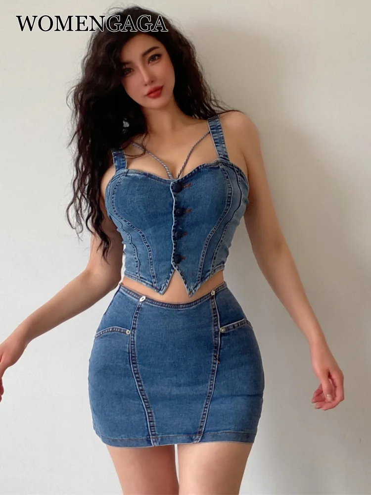 

WOMENGAGA 2022 Summer New Sexy Hot Girl Tight Navel Blue Strap Denim Tank Tops Vest + Slim Hip Mini Skirt Kroean Skirts 9OIC