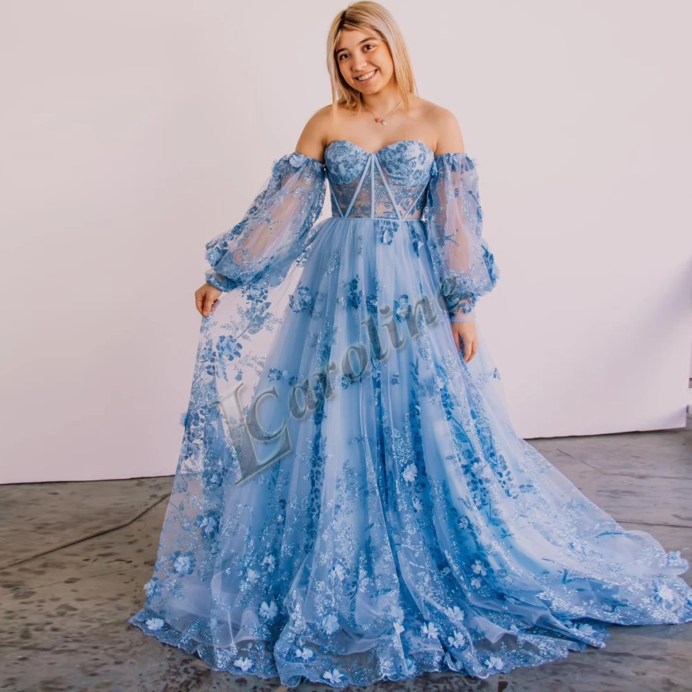 

Caroline Fancy Puff Sleeves 3D Flowers Evening Dresses Long Luxury Celebrity Appliques Sweetheart Tulle Customised Abendkleider