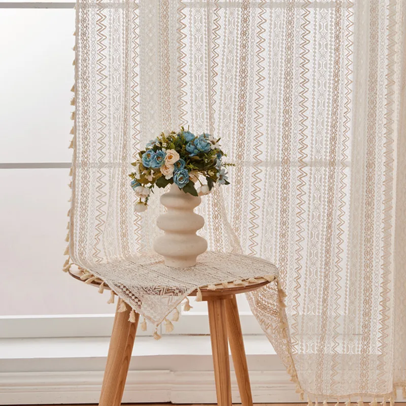 

Белый тюль, кружевные шторы с кисточками, геометрические полосатые вязаные светофильтрующие шторы для кухни, спальни, гостиной, эркера