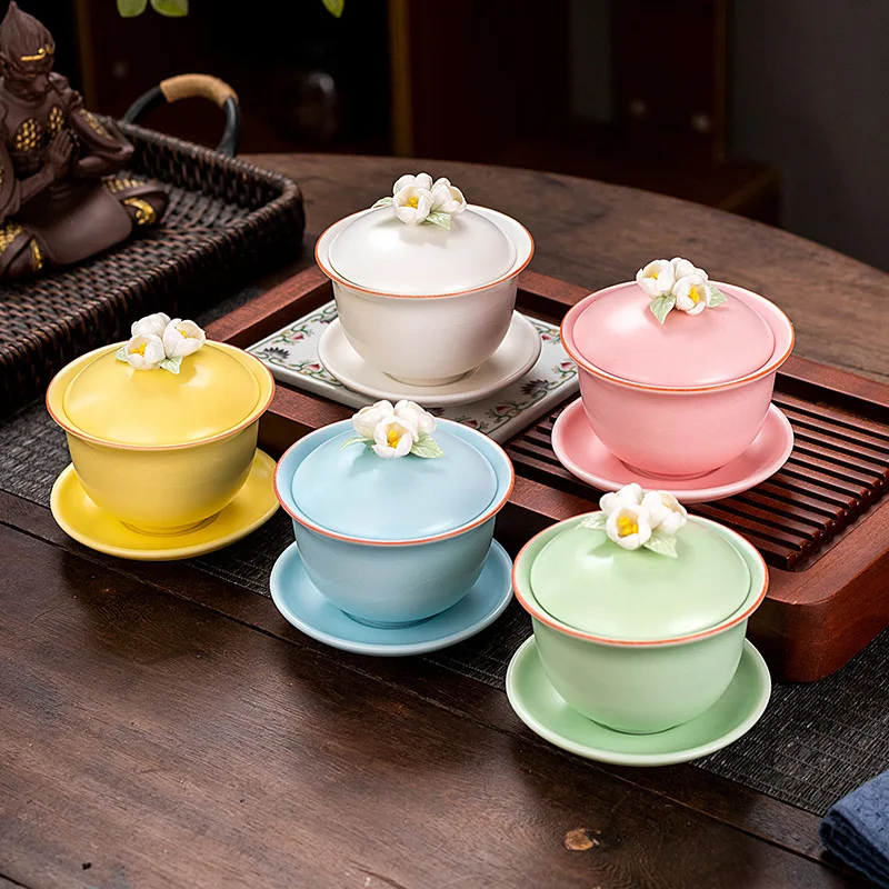 

Керамическая чайная чашка ручной работы Gaiwan, чайная чашка, чайный набор, трехмерная Цветочная чайная чашка розового цвета