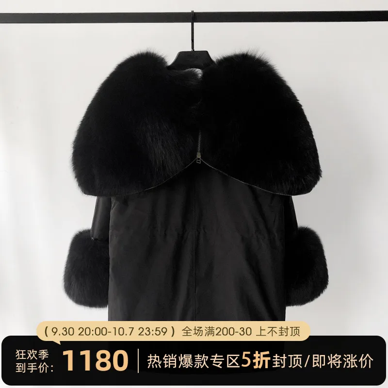 Mid-length Fox Fur Collar Warm Parka Coat Women's Winter Down Feather Liner Coats 2022 Long Sleeve Detachable Fox Fur Jackets