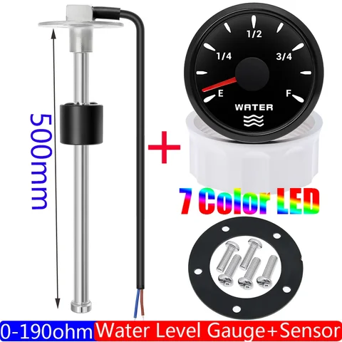 Датчик уровня воды 0-190 Ом, 52 мм, датчик уровня воды с 7-цветной подсветкой, измеритель уровня воды в баке, индикатор для бензинового катера, автомобиля, 12 В, 24 В