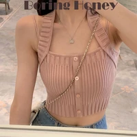 boring honey summer clothes for women tank top double shoulders strap halter knitting vest single breasted slim fit backless top