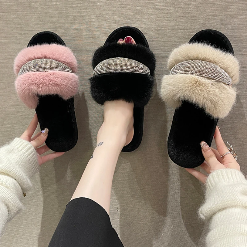 

Туфли женские с круглым носком, модные роскошные мягкие удобные босоножки на плоской подошве, блестящие меховые шлепанцы, осень 2023