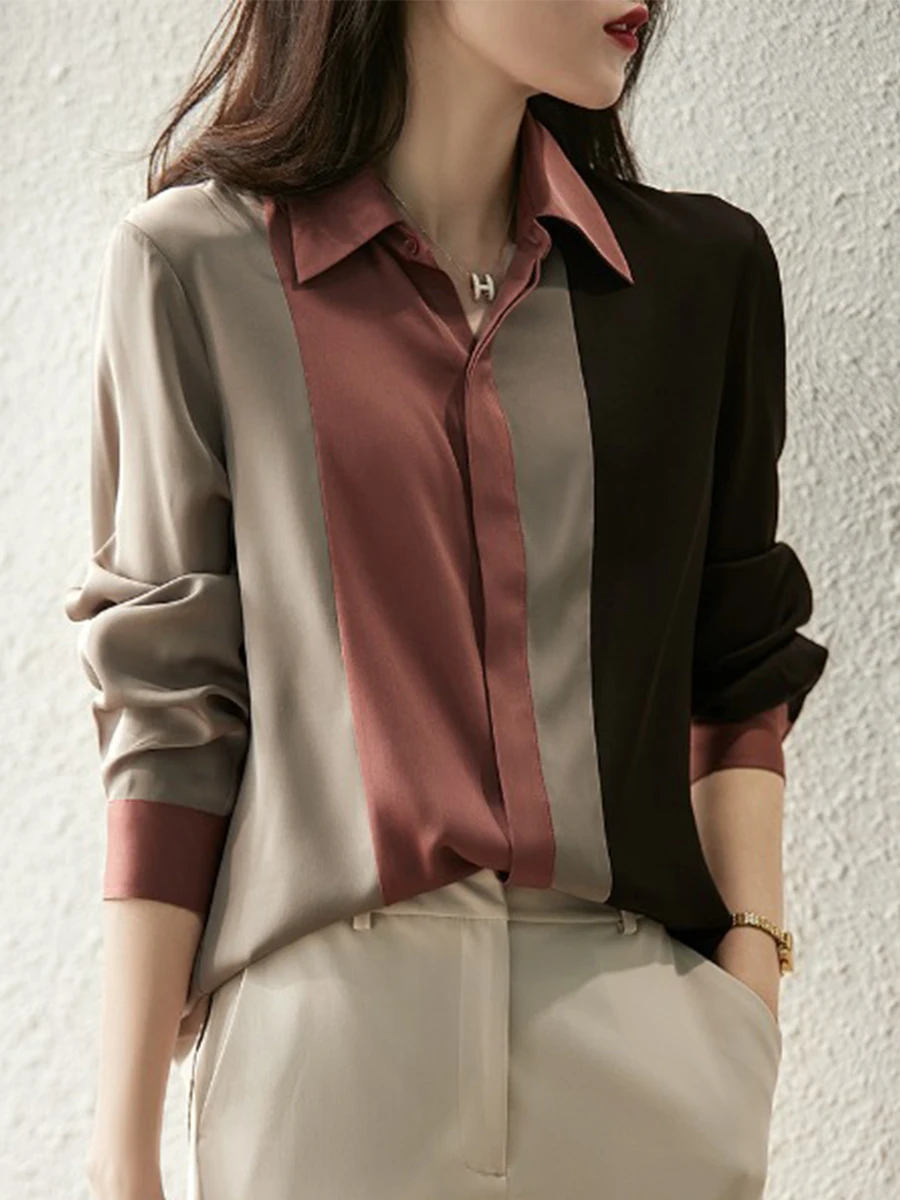 

Women Fashion Blouse OL Commuter Office Lady Strip Patchwork Long Sleeve Lapel Single-breasted Spring Leisure Blouse For Ladies