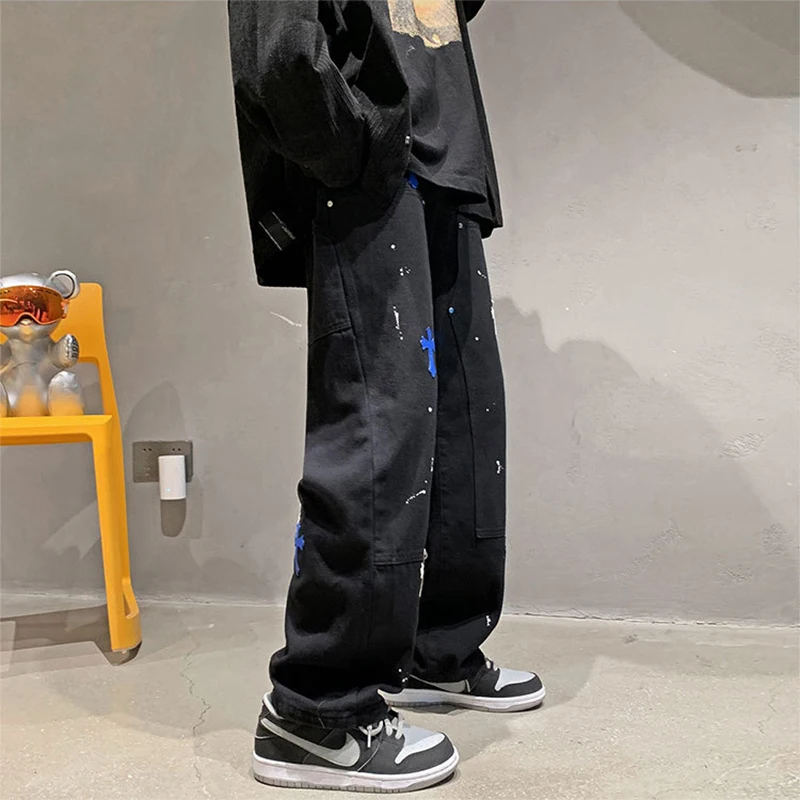 Four Seasons Jeans Straight Loose Casual Pants Blue and White Cross Patches Men's and Women's Same Style Streetwear Ins Hot Sale