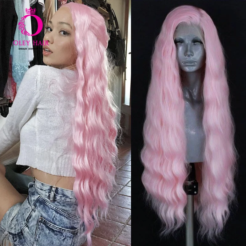 Long Pink Synthetic Lace Front Wig Heat Resistant Deep Wave Daily Wear Per-Plucked Cosplay Wigs For BLack Women Summer Offer