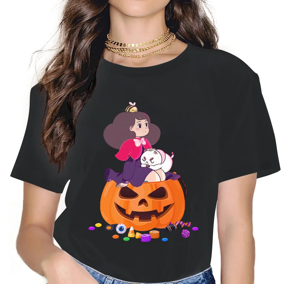 

Funny Halloween Design T-Shirt for Women Crewneck Pure Cotton T Shirts Bee And Puppycat Cartoon Tees Gift Idea Clothes
