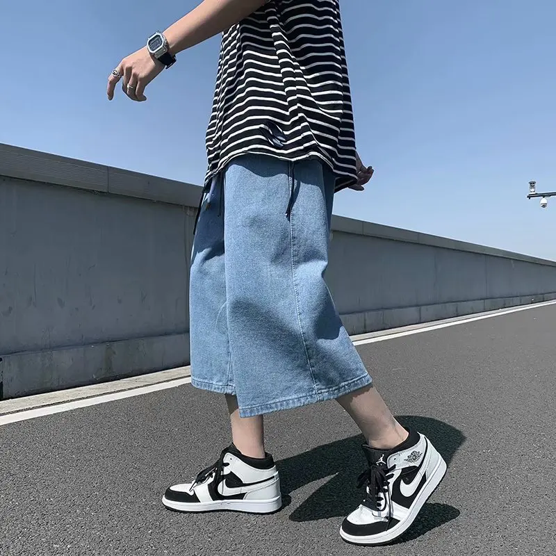 

Summer Solid Simple Jeans Shorts Male Calf Length Denim Men Elastic Waist Thin Short Jean Pants Mens Oversized Black/Blue
