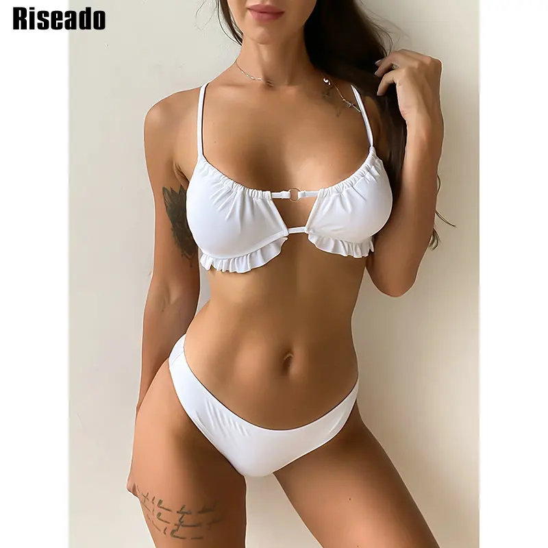 

Riseado однотонное бикини с оборками, купальник для женщин, 2022, плиссированный пляжный купальник, пуш-ап, микро Бразильское бикини, женский купа...