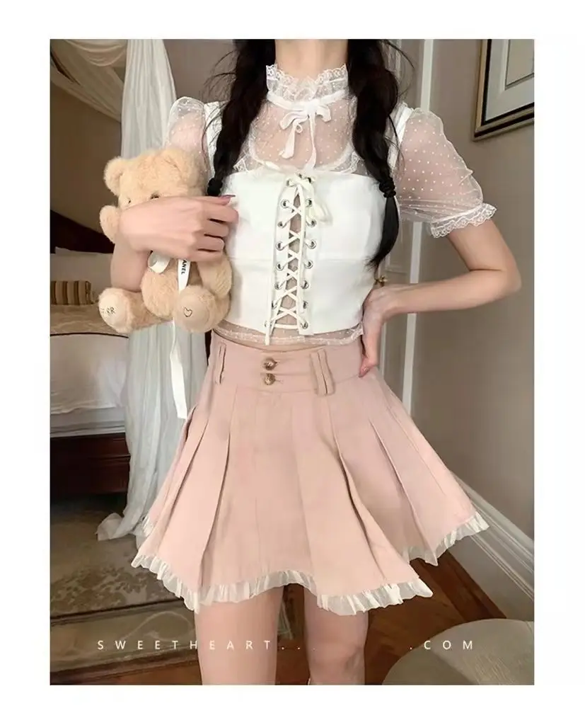 

2023 новая японская мини-юбка Kawai Женская кружевная Повседневная элегантная Милая женская юбка розовая плиссированная юбка с высокой талией