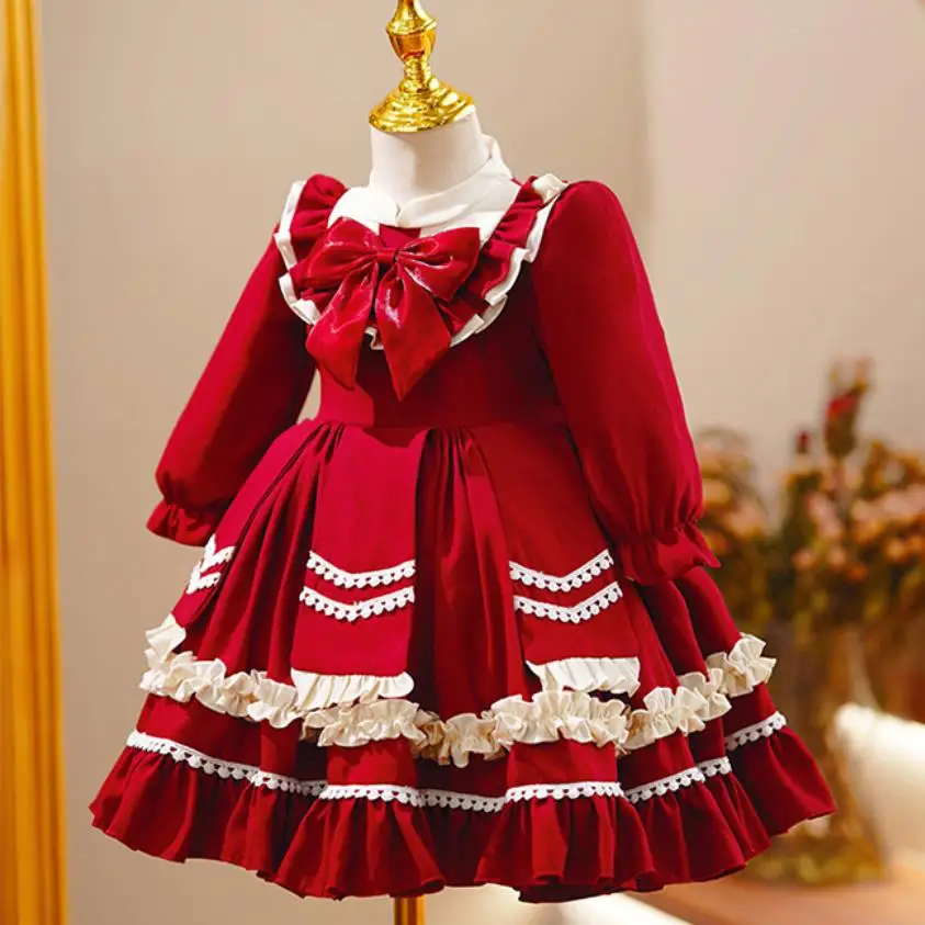 

New Children's Lolita Evening Gown Bow Design Birthday Baptism Party Easter Eid Red Dresses For Christmas A2052