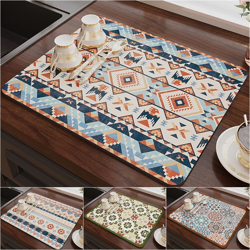

Kitchen Drain Pad Bohemia Dish Absorbent Mat Dish Drying Mat Tableware Dinnerware Placemat Countertop Protector Tapis Cuisine