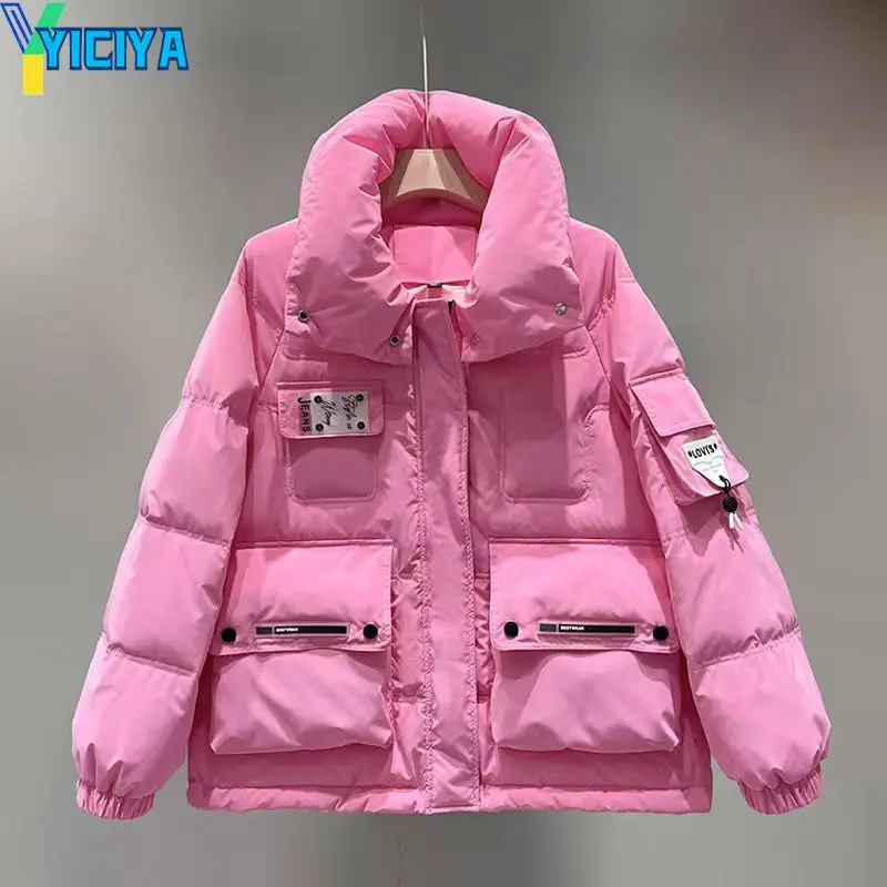 YICIYA Winter Jacket Women 2023 New Fashion Coats Stand Collar Solid Color Warm Parkas Oversize Pockets Zipper Jackets Women Y2k