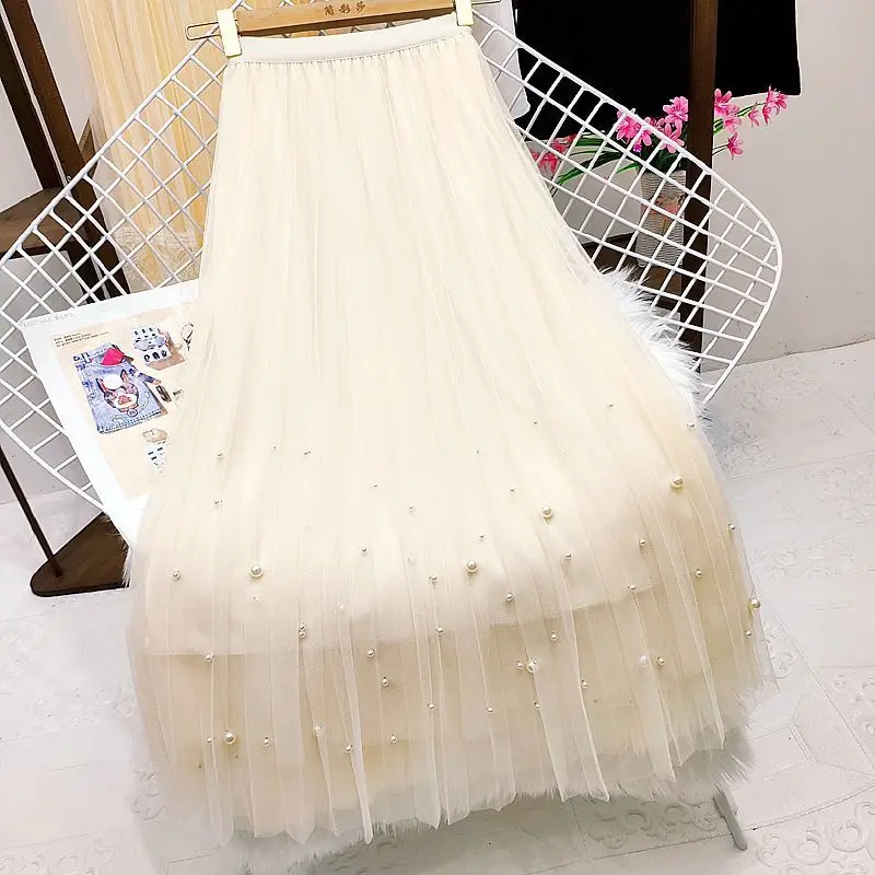 tulle skirts women Heavy Industry Beads Fashion Tulle Skirt 2023 New High Waist Women's Pleated Midi Skirt A- line korean style