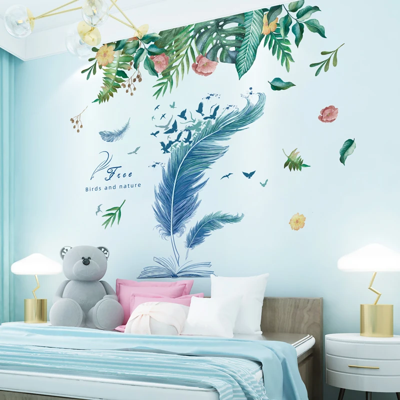 

Мультяшные перья, настенные наклейки «сделай сам», зеленые листья, настенные наклейки для гостиной, детский шкаф для спальни, Кухонное укра...